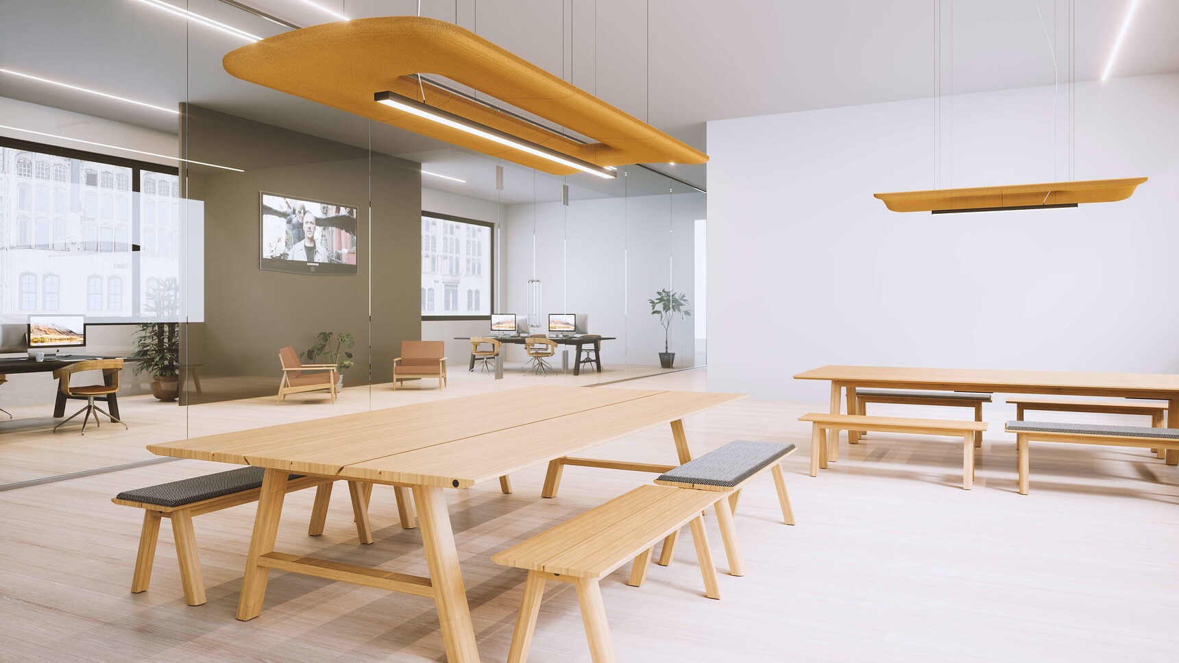 Buzzi Space BuzziZepp Small And Medium LED Suspended Acoustic Element In Yellow Upholstery Family Image