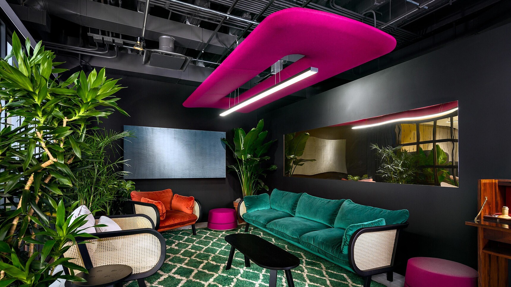 Buzzi Space BuzziZepp LED Suspended Acoustic Element In Pink Upholstery In Lounge Setting