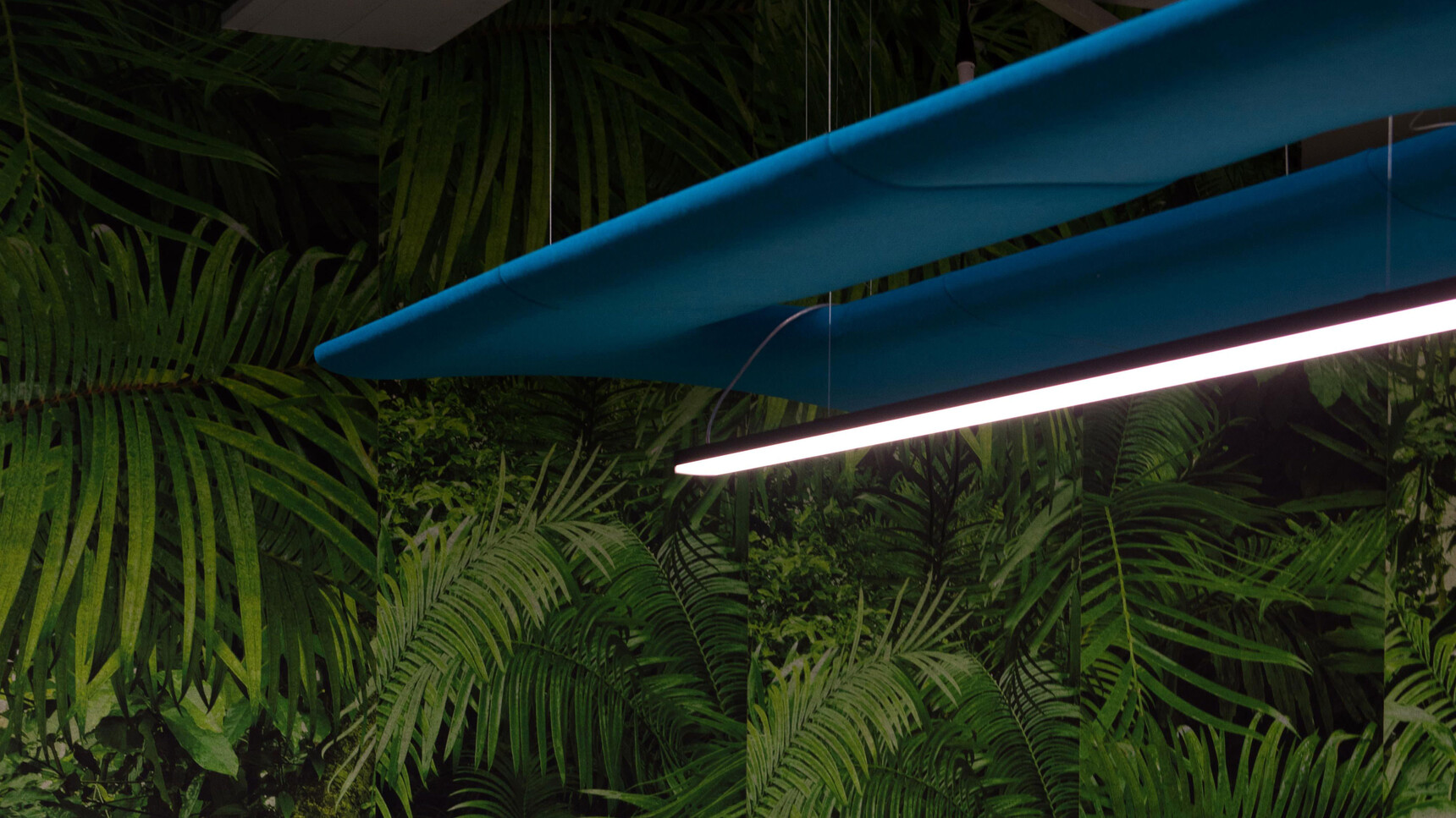 Buzzi Space BuzziZepp Small LED Suspended Acoustic Element With Blue Upholstery Detail Image