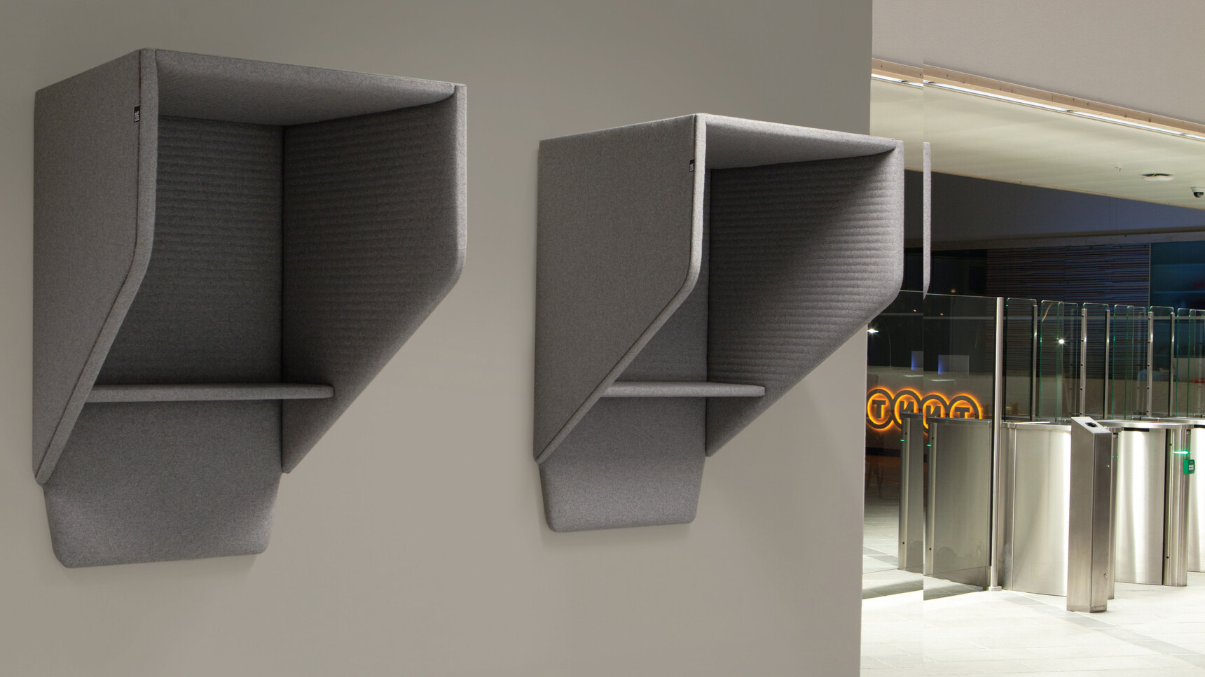 Two Buzzi Space BuzziHood Acoustic Elements In Grey Upholstery Detail Image