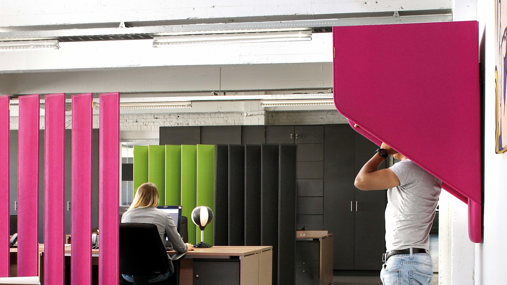 Buzzi Space BuzziHood Acoustic Element In Pink Upholstery Detail Image In Office Setting