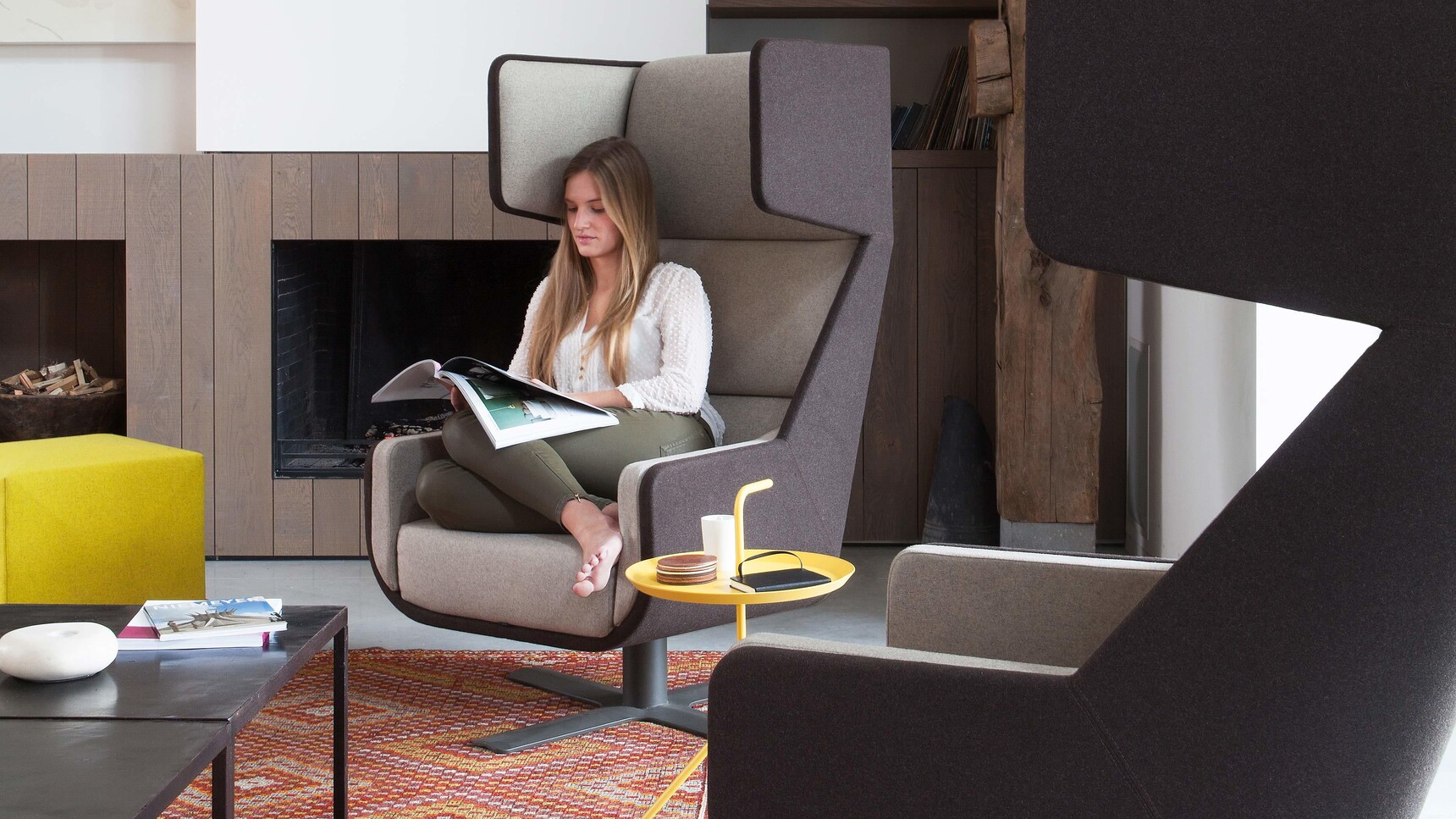 Two Buzzi Space BuzziMe Lounge Chair In White And Dark Brown Upholstery In Use Detail Image