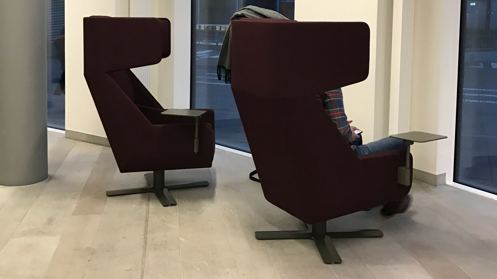 Two Buzzi Space BuzziMe Lounge Chairs In Dark Purple Upholstery Detail Image