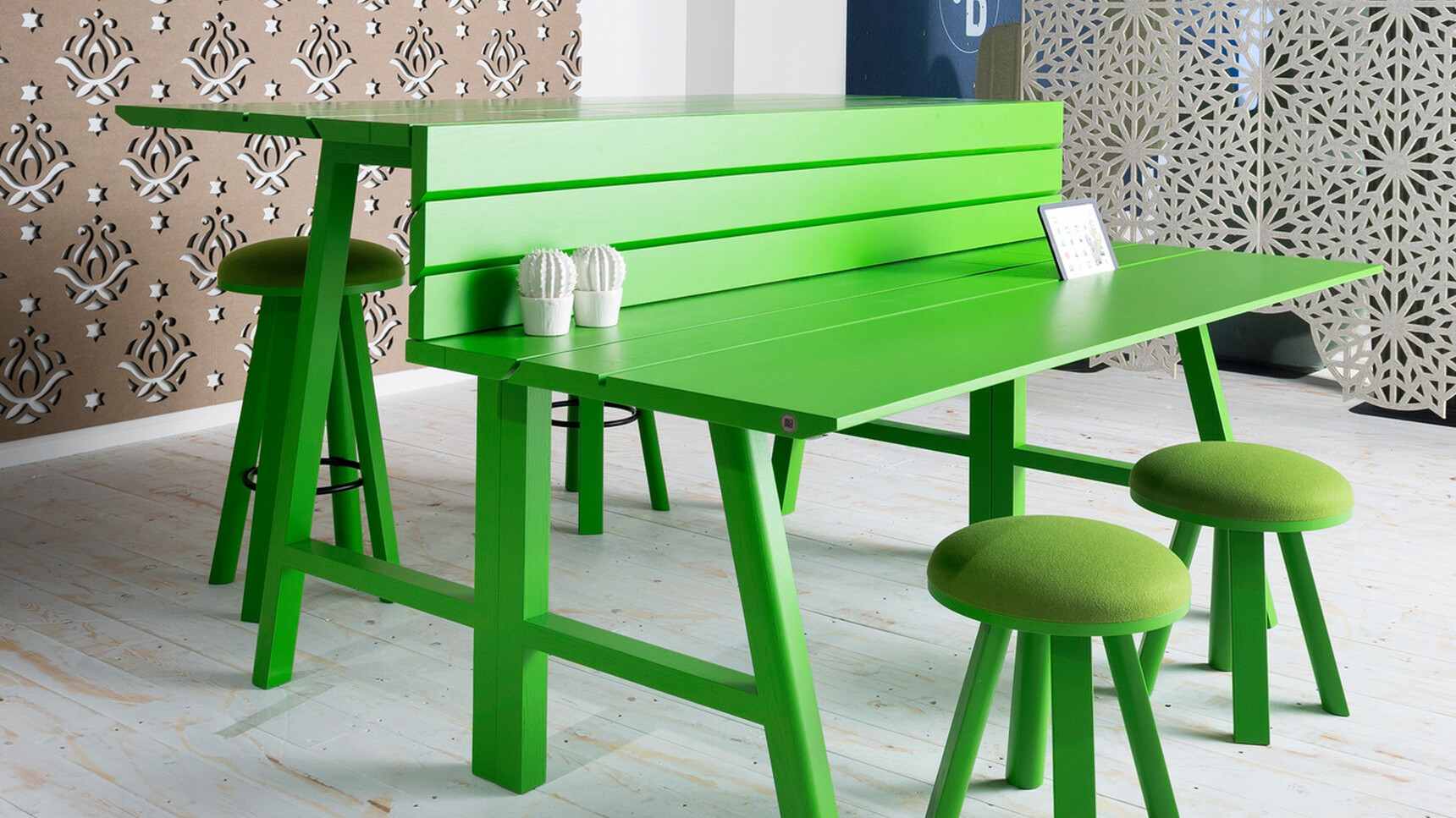 Two Buzzi Space BuzziMilk Stools In Green Frame At Table Family Image