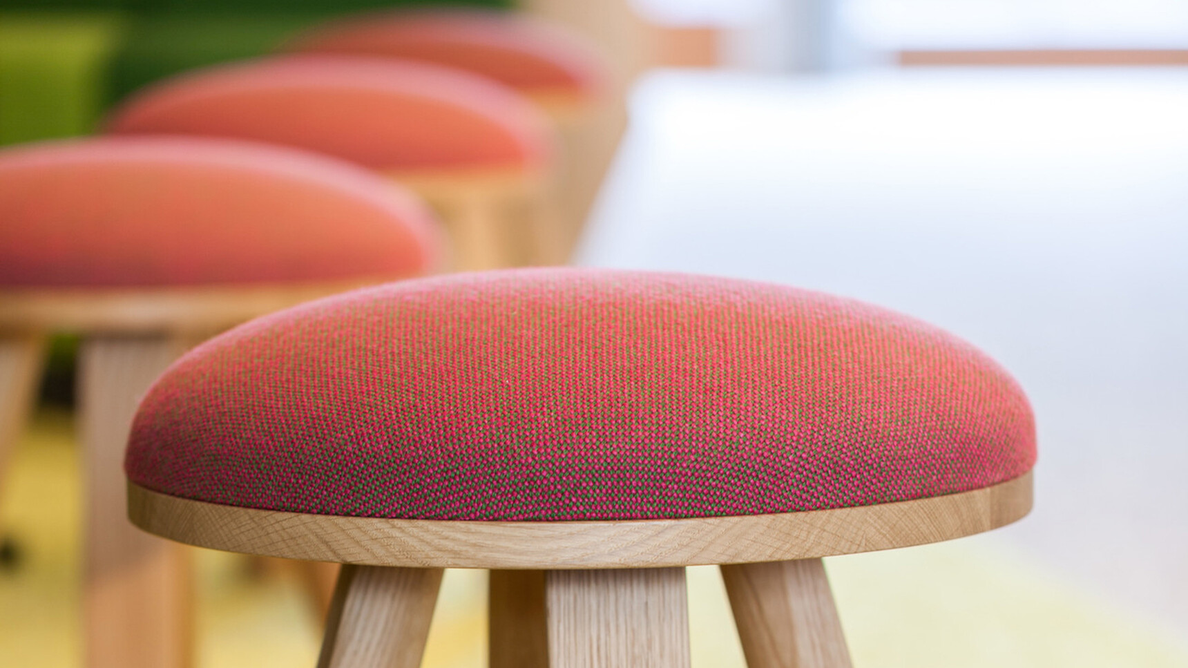 Buzzi Space BuzziMilk Stools In Wood Finish And Red Upholstery Detail Image