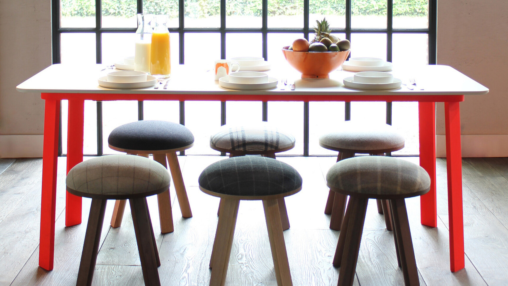 Six Buzzi Space BuzziMilk Stools At Table Family Image