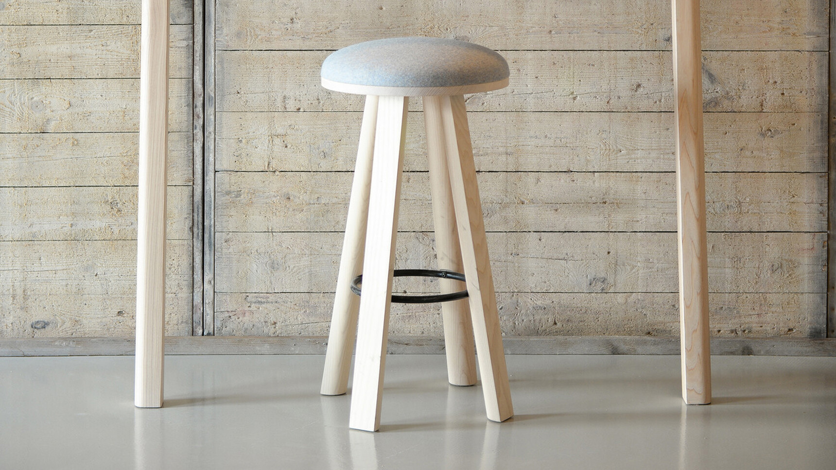 Buzzi Space BuzziMilk Bar Stool With White Wood Finish With Light Blue Upholstery Detail Image