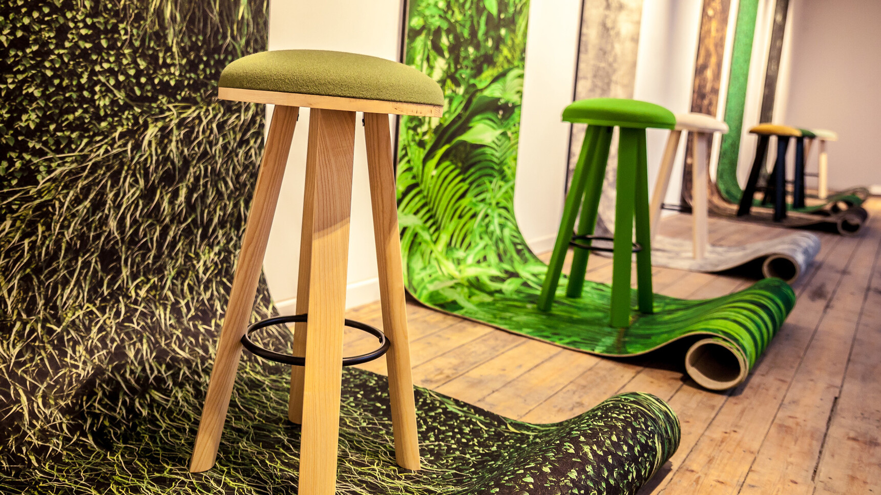 Various Buzzi Space BuzziMilk Bar Stools In Showroom Setting Detail Image