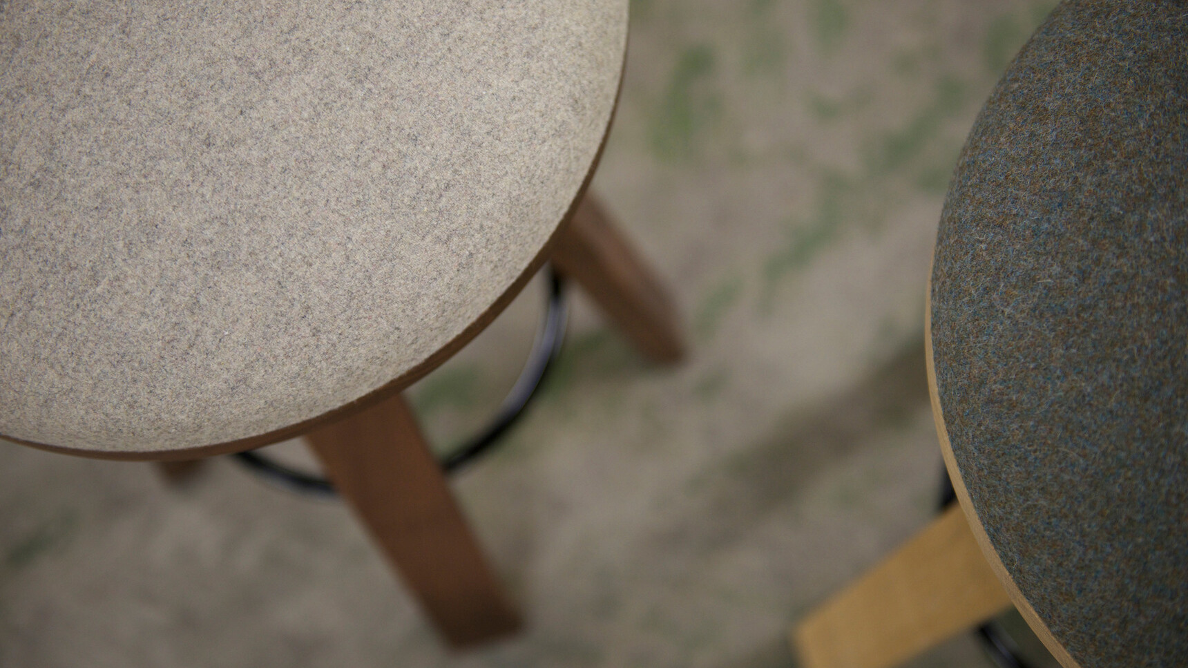 Two Buzzi Space BuzziMilk Bar Stool With Dark And Light Wood Finish And Grey Upholstery Fabric Detail Image