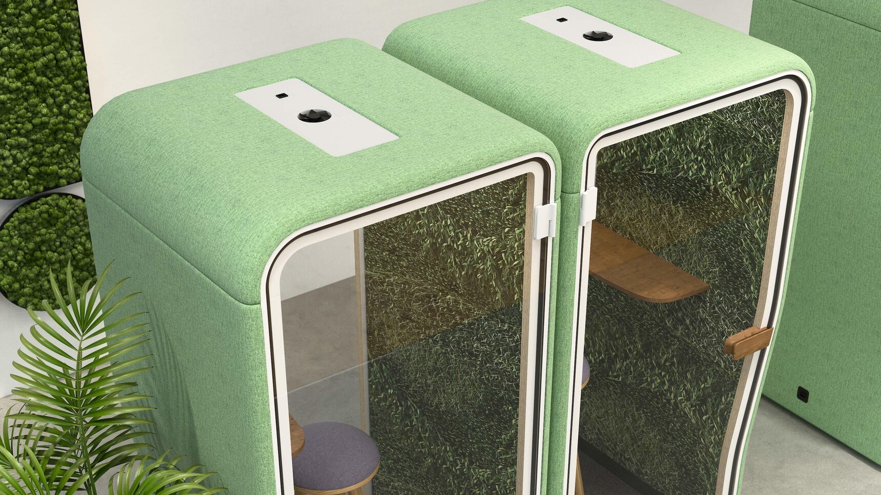 Three Buzzi Space With BuzziNest Booths With Green Finish With White Frame Detail Image In Office Setting