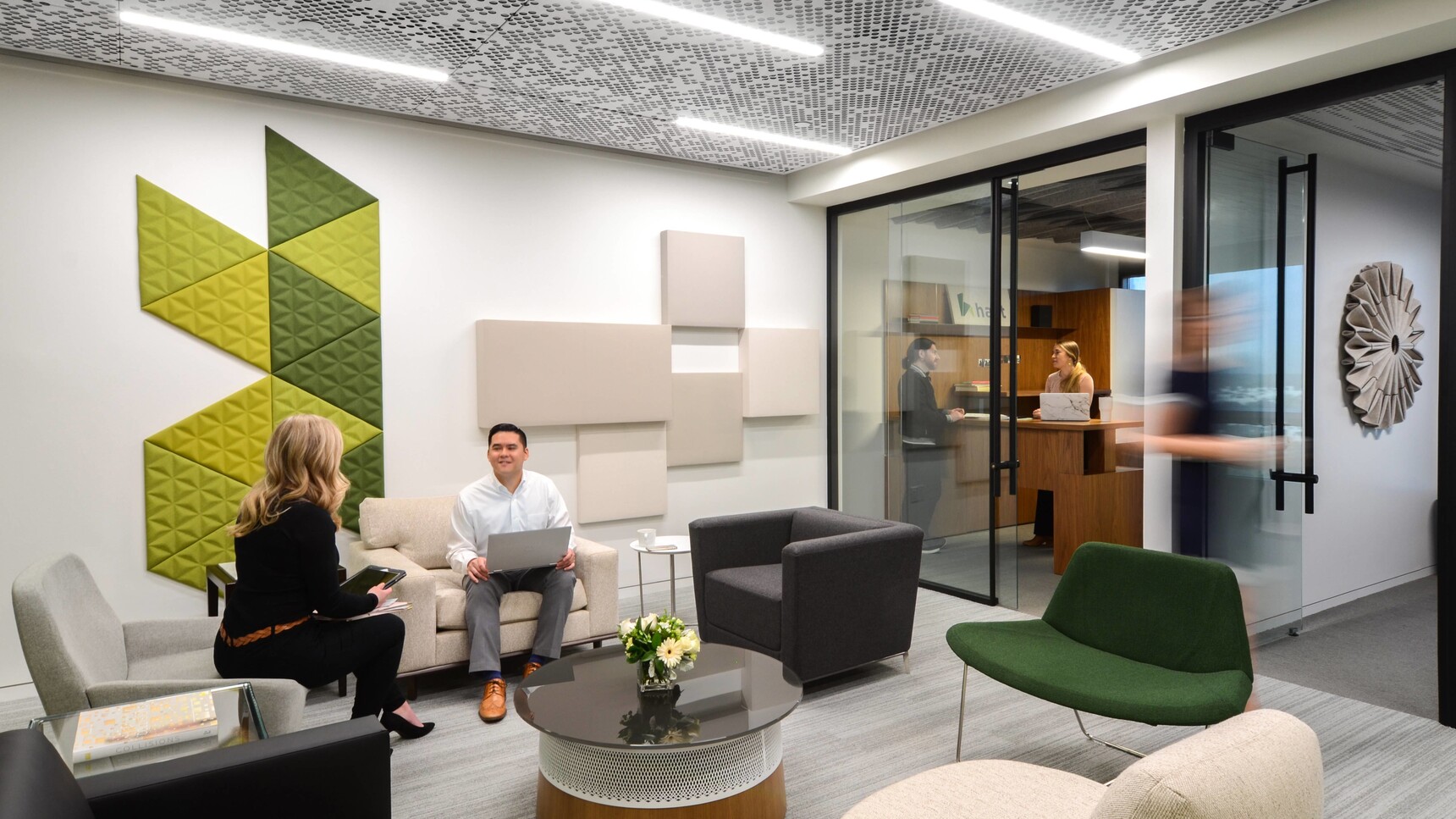 Buzzi Space BuzziTile 3D Triangle Acoustic Wall Tiles In Office Environment