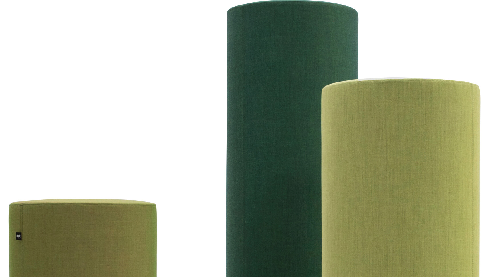 Three Buzzi Space BuzziTotem Acoustic Cylinders In Various Green Fabrics Detail Image
