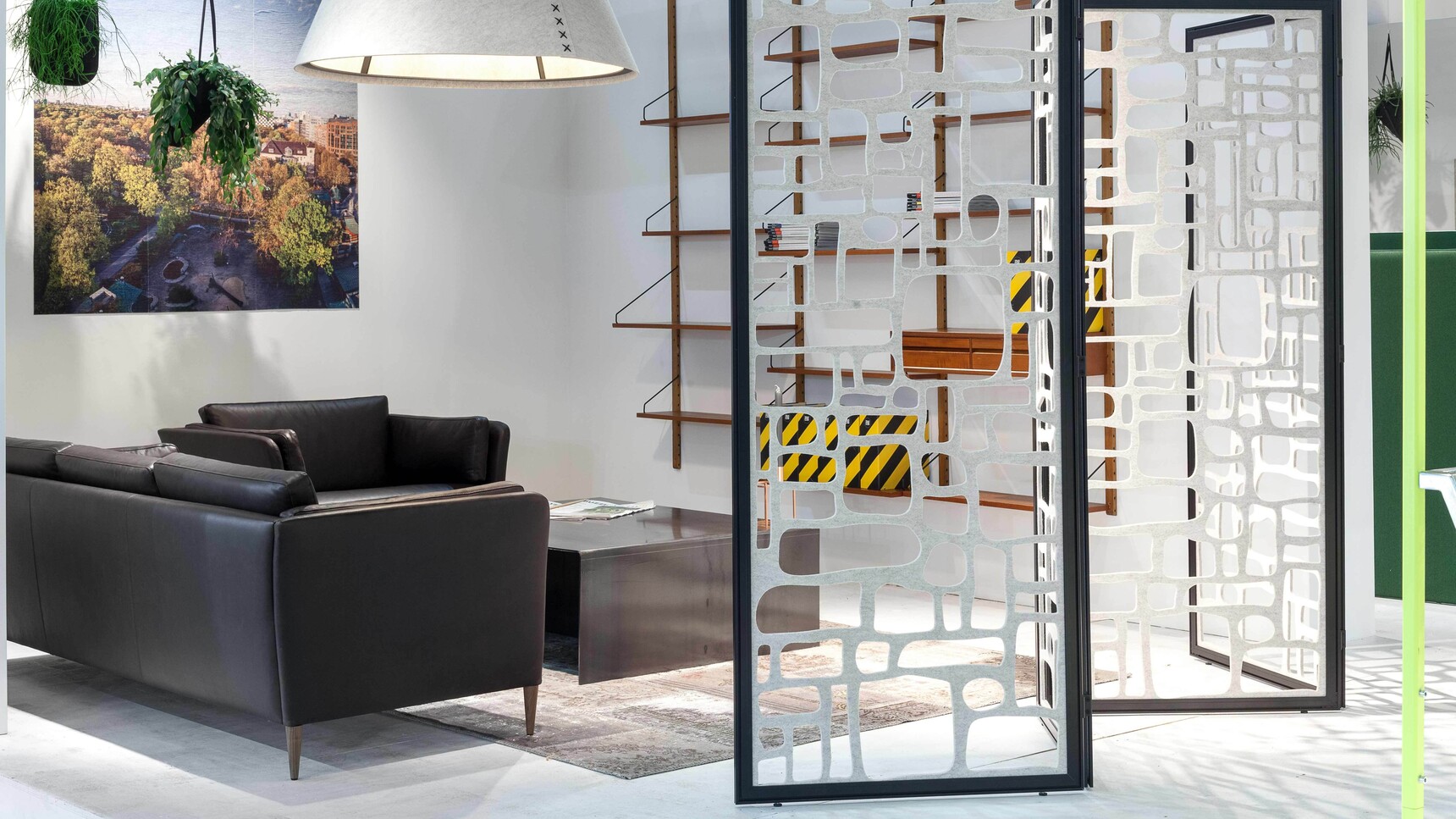 Buzzi Space BuzziFalls Standing Office Divider Pebbles With Grey Upholstery Office Setting