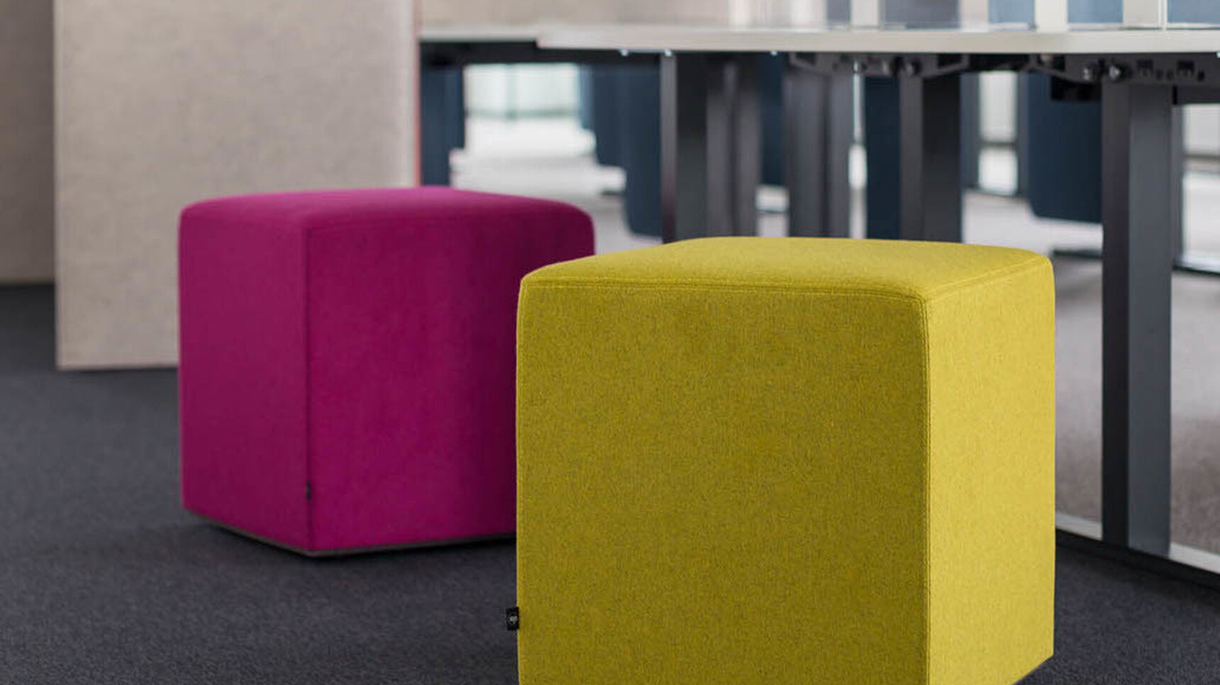 Buzzi Space BuzziCube Flat Pouffes In Pink And Yellow Upholstery Detail Image In Office Setting