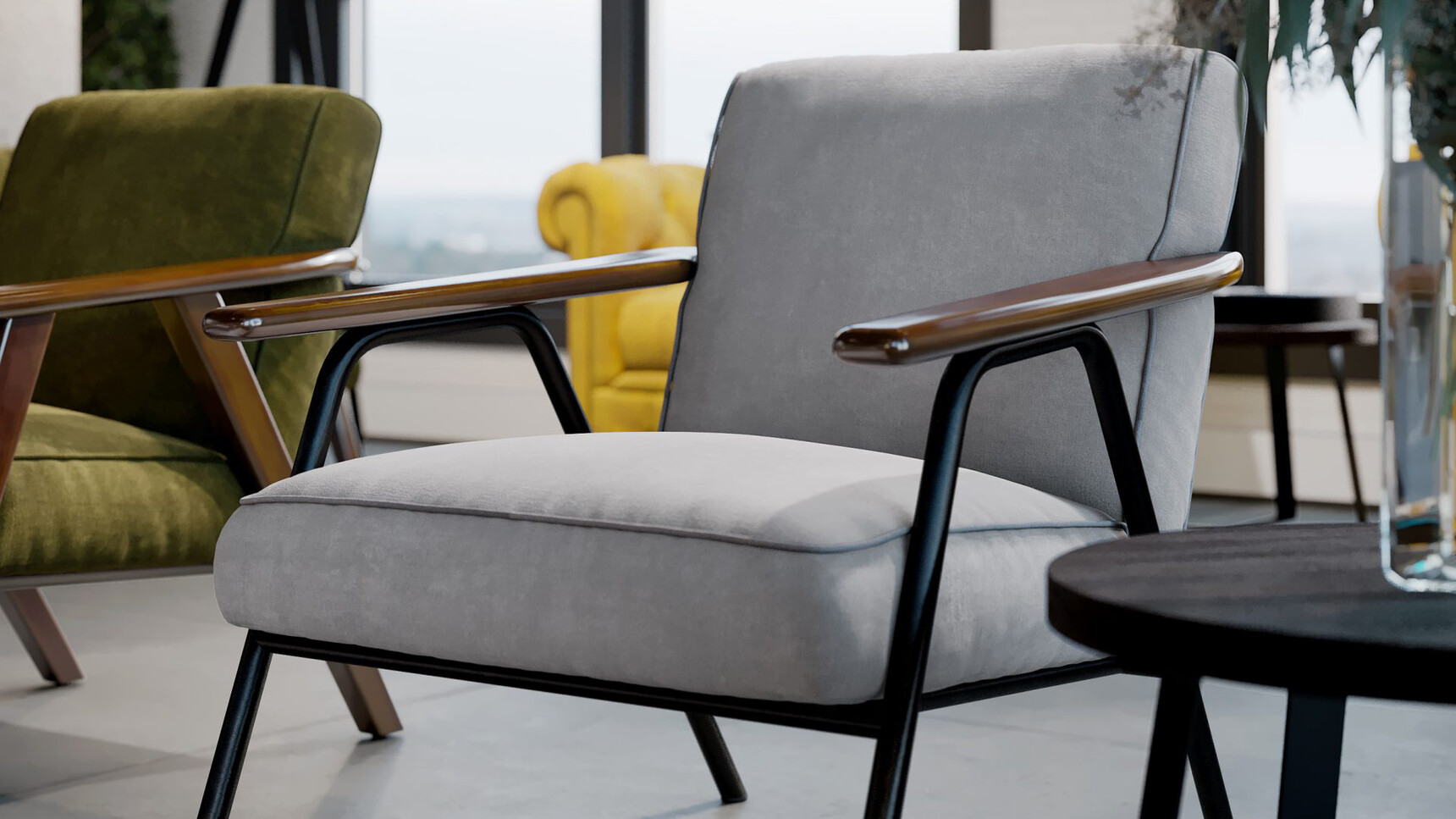 Connection Camden Lounge Chair With Metal Base And Wenge Arms Detail Image In Office Setting