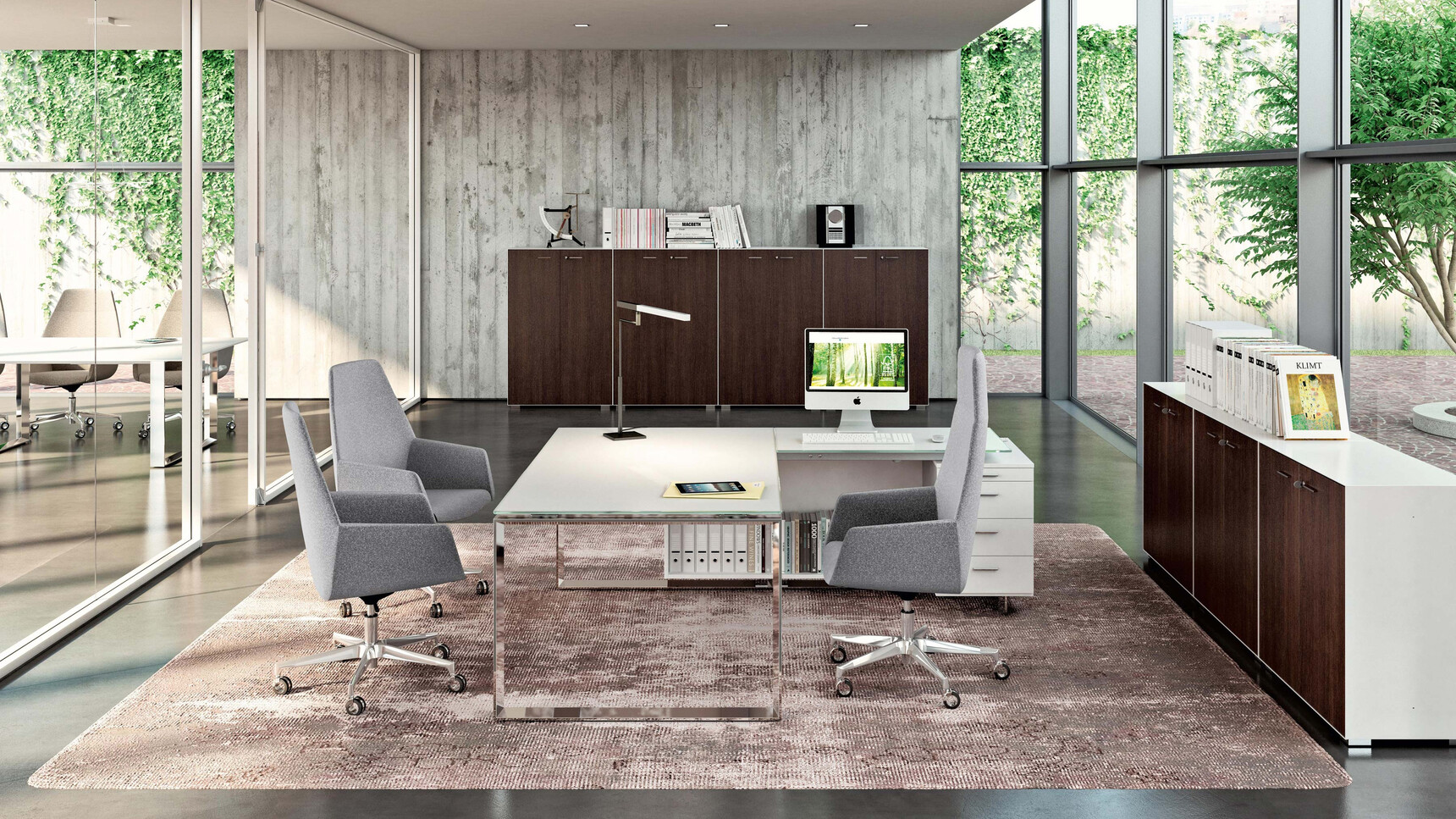 Quadrifoglio X7 Melamine Loop Leg Desk With Return & Pedestal With White Table Top Finish And Chrome Legs Pedestal Has Four Drawers With Three Quadrifoglio Chairs At Desk With Low And High Storage Cabinets