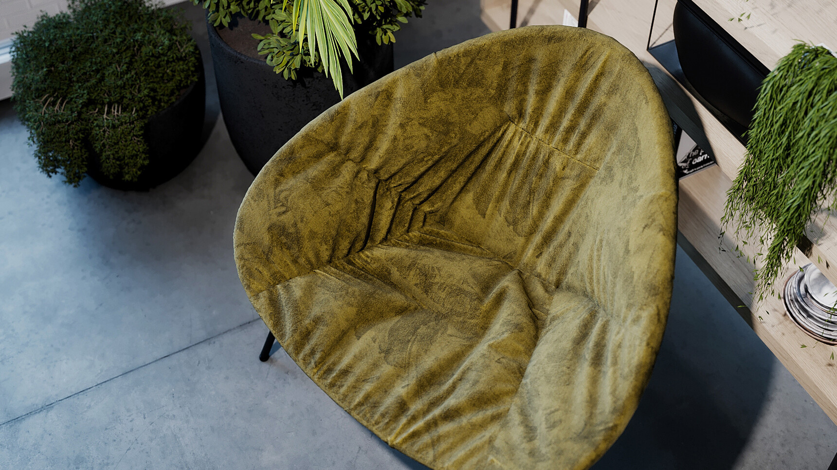 Connection Chelsea Lounge Chair With Moss Upholstery In Lounge Area With Plants Overhead Image