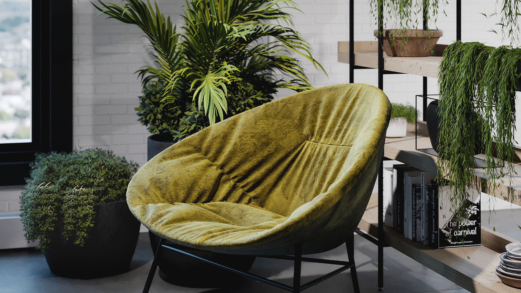Connection Chelsea Lounge Chair With Moss Upholstery In Lounge Area With Plants