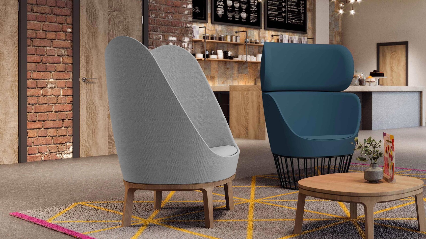 Two Connection Tub Chairs In White And Dark Blue Family Image In Office Setting