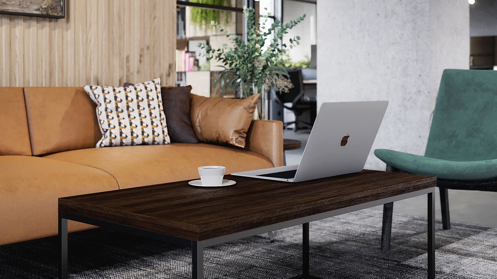 Connection Forge Large Coffee Table With Dark Wood Table Top With Black Base Detail Image With Swoosh Chair And Sofa In Lounge Area