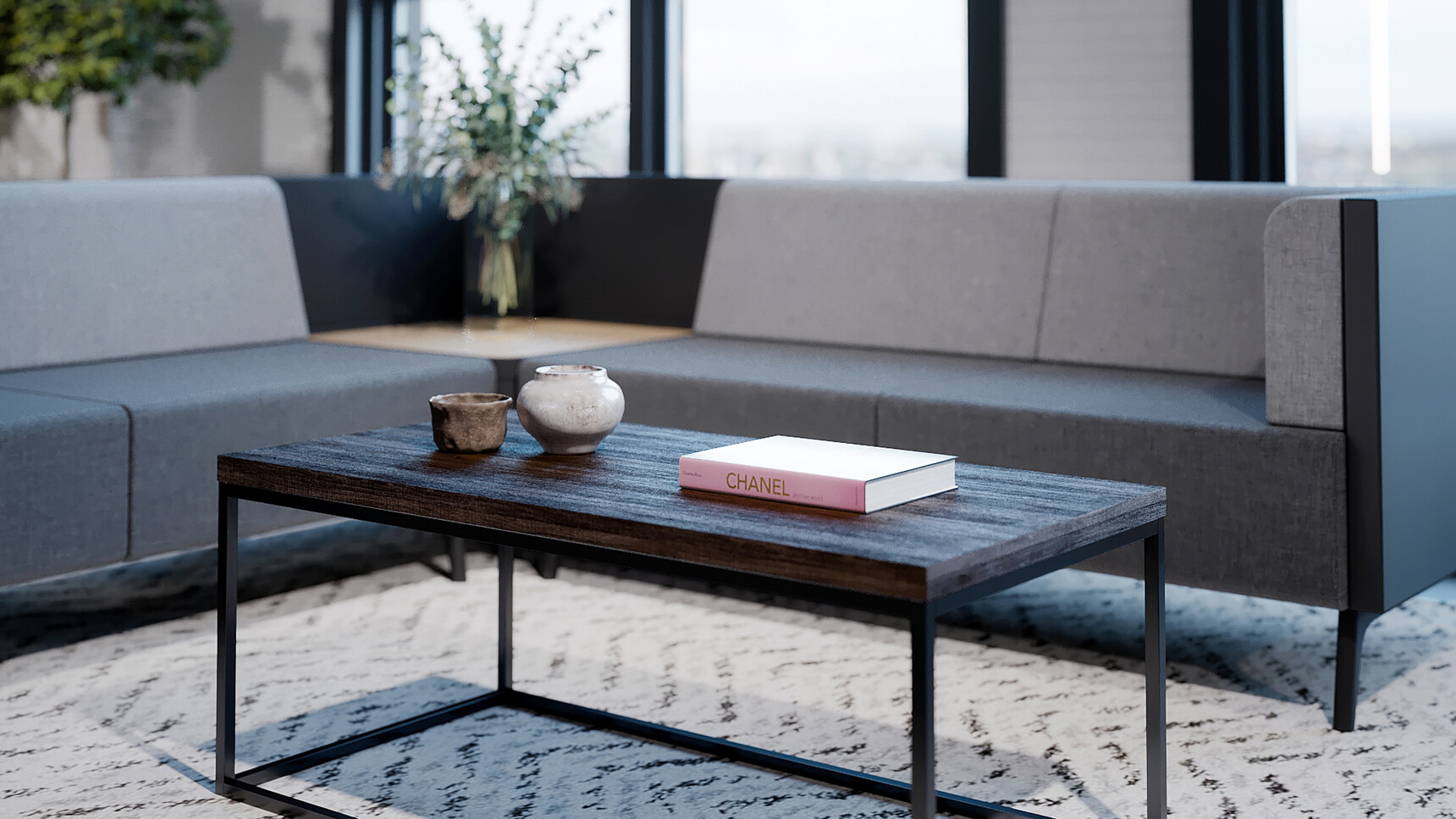 Connection Forge Large Coffee Table With Wood Top And And Black Metal Base Detail Image In Lounge Area
