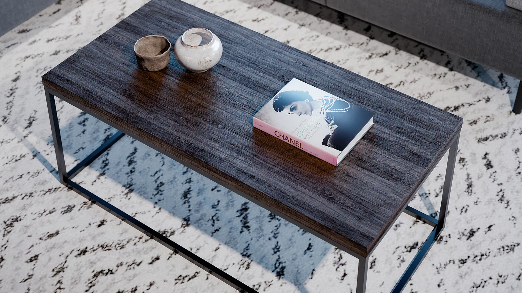 Connection Forge Large Coffee Table With Wood Top And Black Base Detail Image Of The Table With A Book On Top