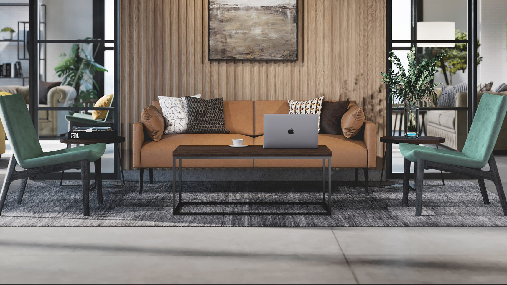 Connection Forge Large Coffee Table With Black Top And Legs In Office Environment With Swoosh Chairs At Table