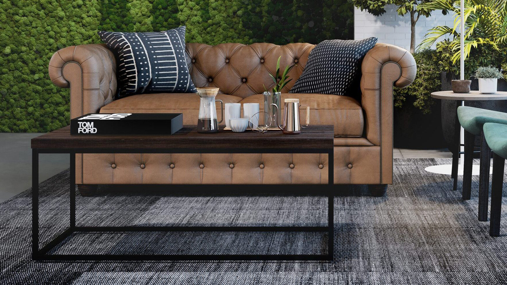 Connection Forge Large Coffee Table With Wood Top And Metal Black Base Detail Image With Sofa At Table