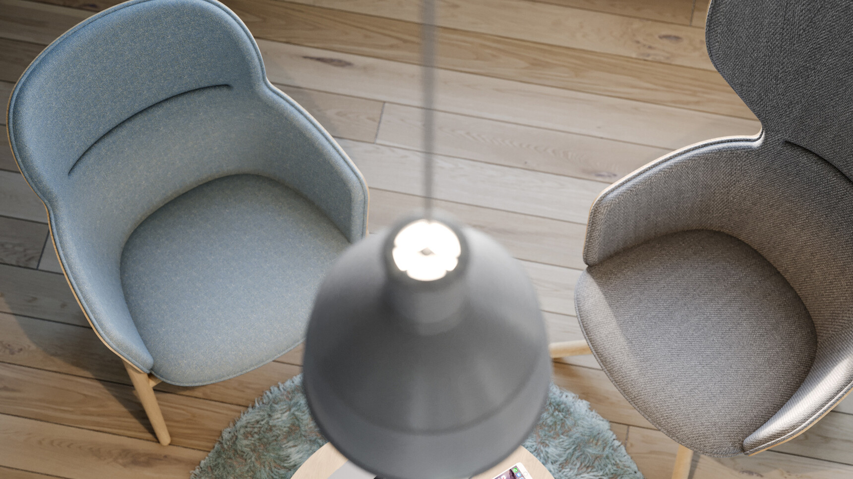 Two Connection Hygge Lounge Chairs In Blue Upholstery Overhead Family Image