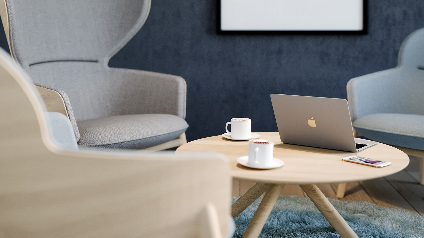 Connection Hygge Lounge Chairs With Grey Fabrics And Wood Bases In Lounge Area