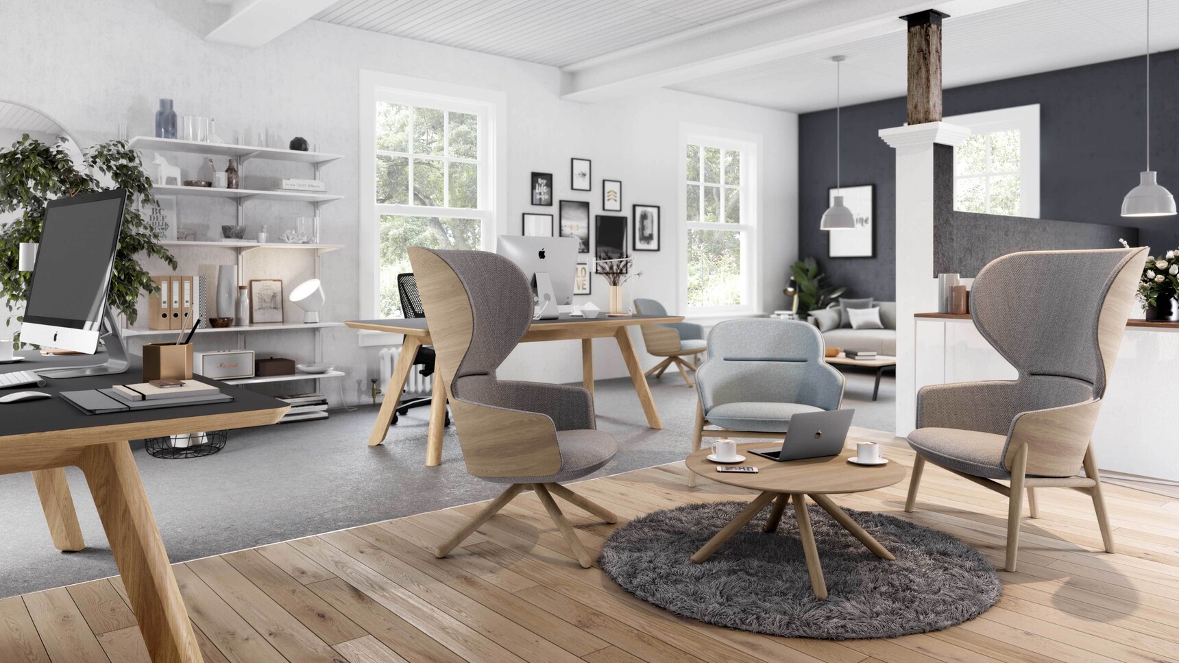 Connection Hygge High Lounge Chairs With Grey Upholstery And Oak Finish At Table In Office Setting Family Image