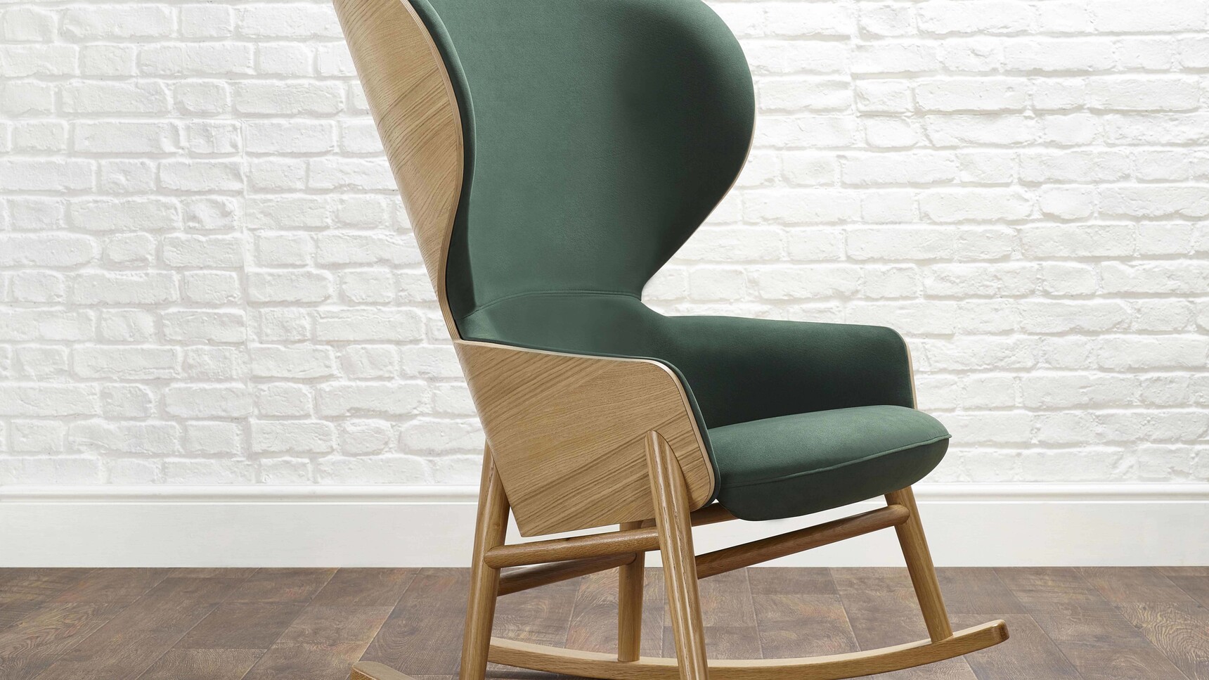 Connection Hygge High Rocker Lounge Chair With Green Upholstery And Oak Frame And Base Detail Image With White Brick Background