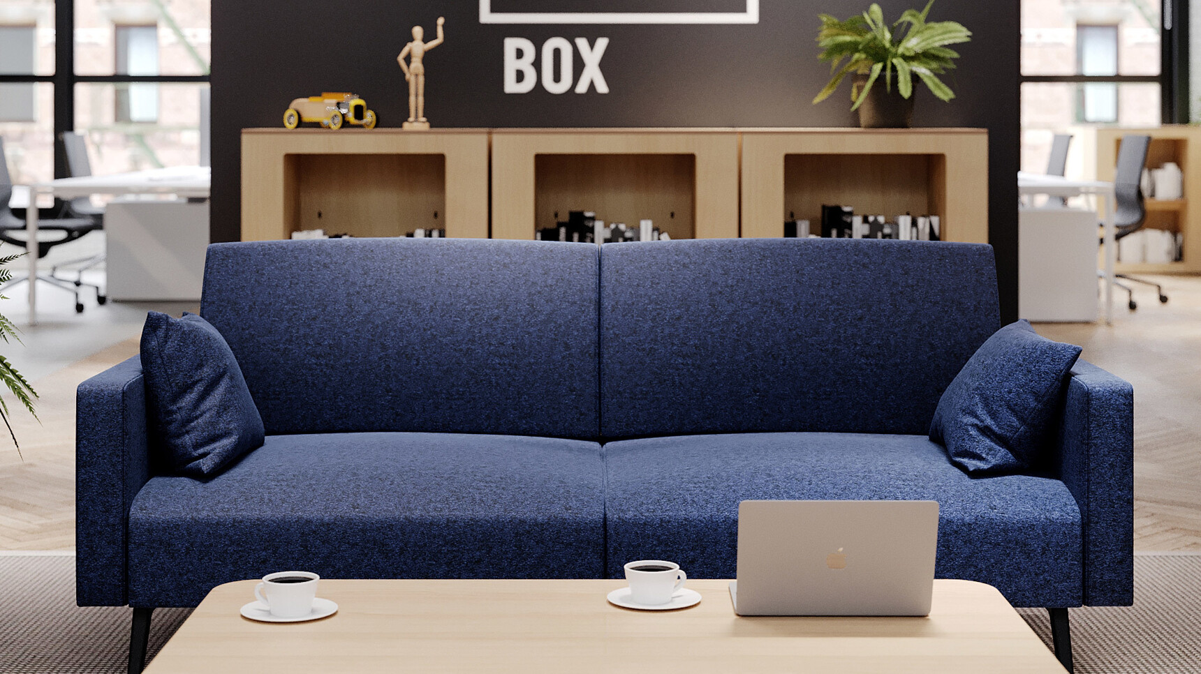 Connection Leo Two Seater Sofa With Dark Blue Upholstery In Office Environment
