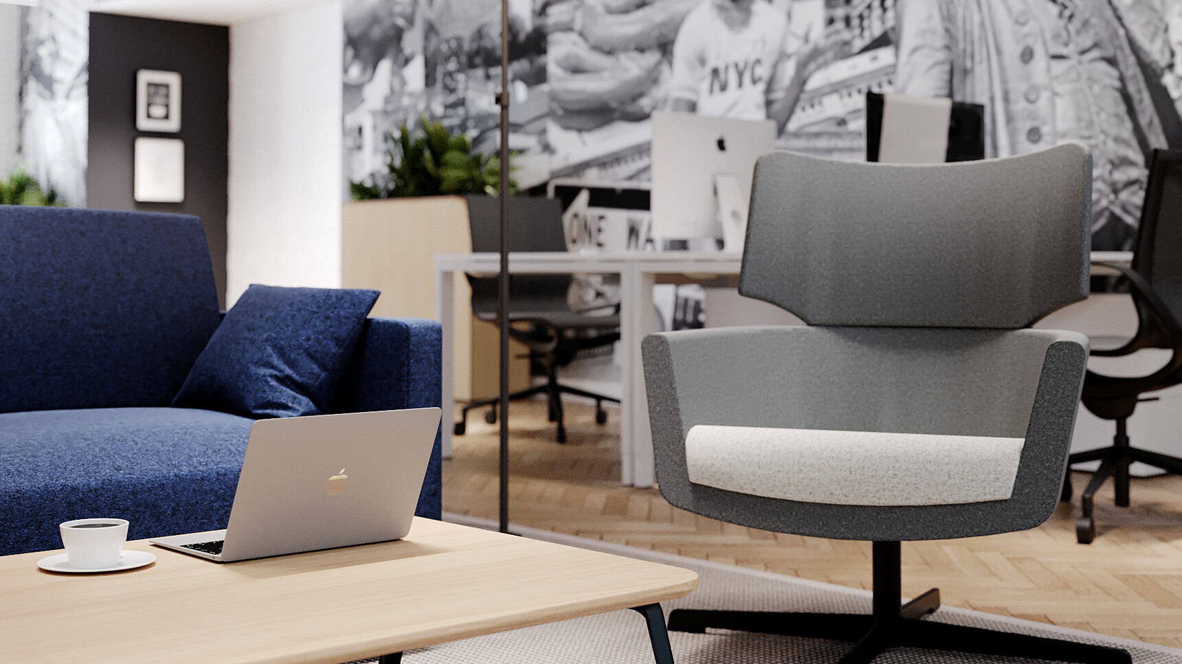 Connection Leo Two Seater Sofa With Dark Blue Upholstery And Grey Chair In Office Setting