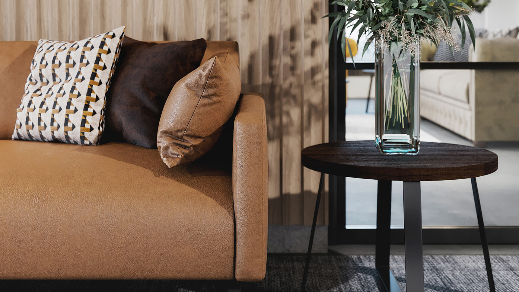 Connection Leo Three Seater Sofa With Brown Leather Upholstery Detail Image In Office Setting