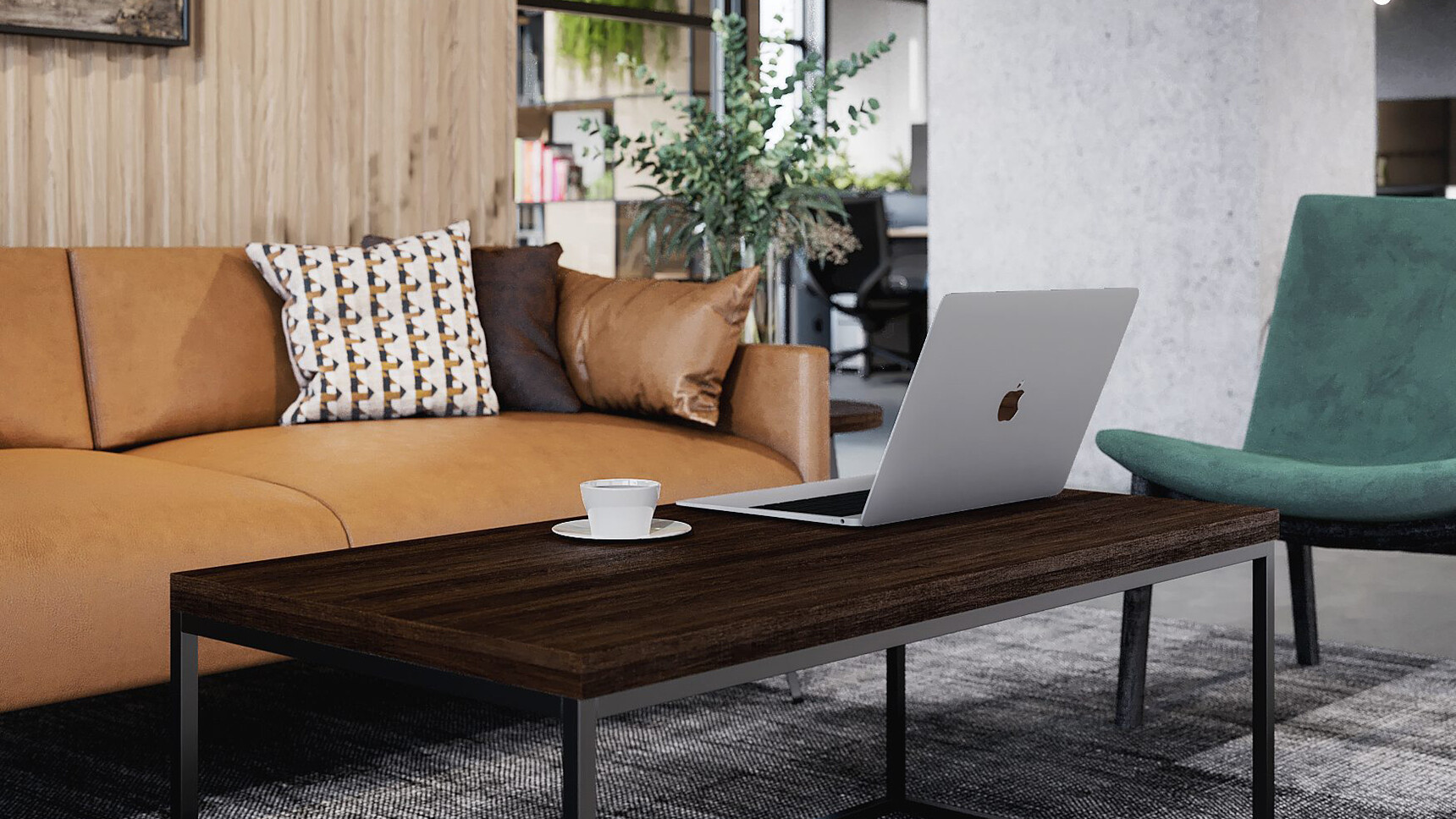 Connection Leo Three Seater Sofa With Brown Leather Upholstery At Coffee Table And Swoosh Chair Family Image