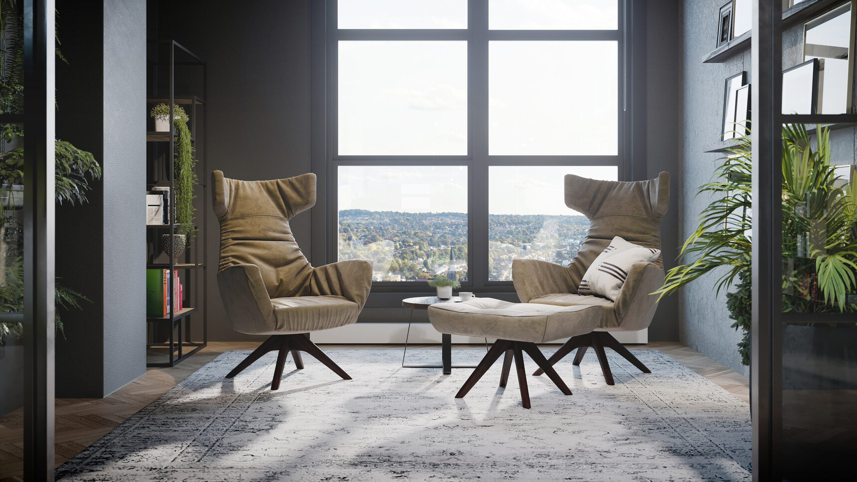 Connection Regent Armchairs In Light Grey Upholstery With Black Base And Footstall Family Image