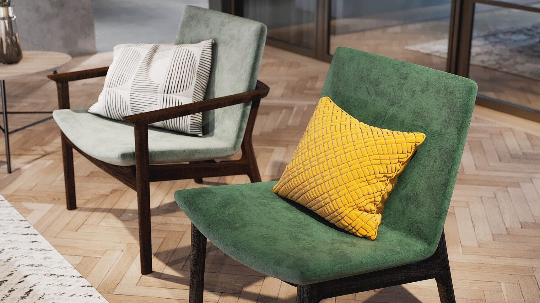 Connection Swoosh Chairs In Green And Grey Upholstery Family Image