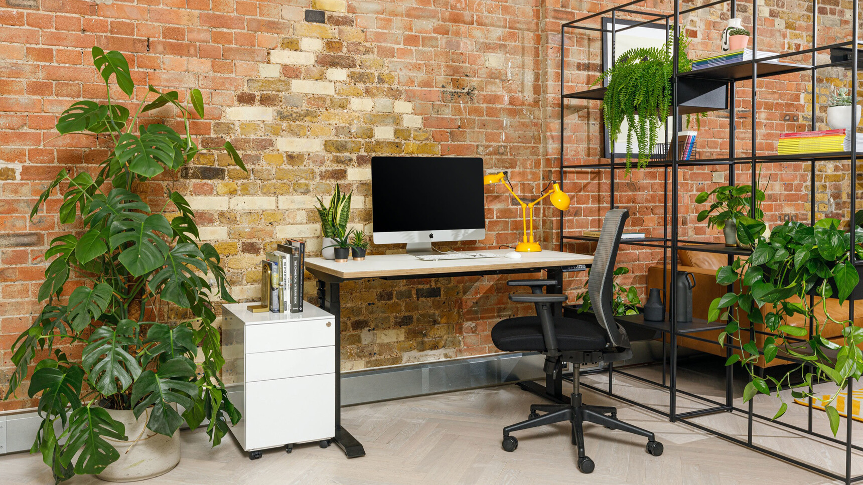 Workstories Sit-stand Solo Height Adjustable Desk With Ply Edge With White Top Finish And Black Leg Frame With Pedestal At Desk Family Image