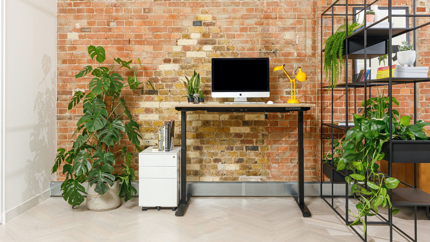 Workstories Sit-stand Solo Height Adjustable Desk With Ply Edge With White Top Finish And Black Leg Frame Extended Family Image