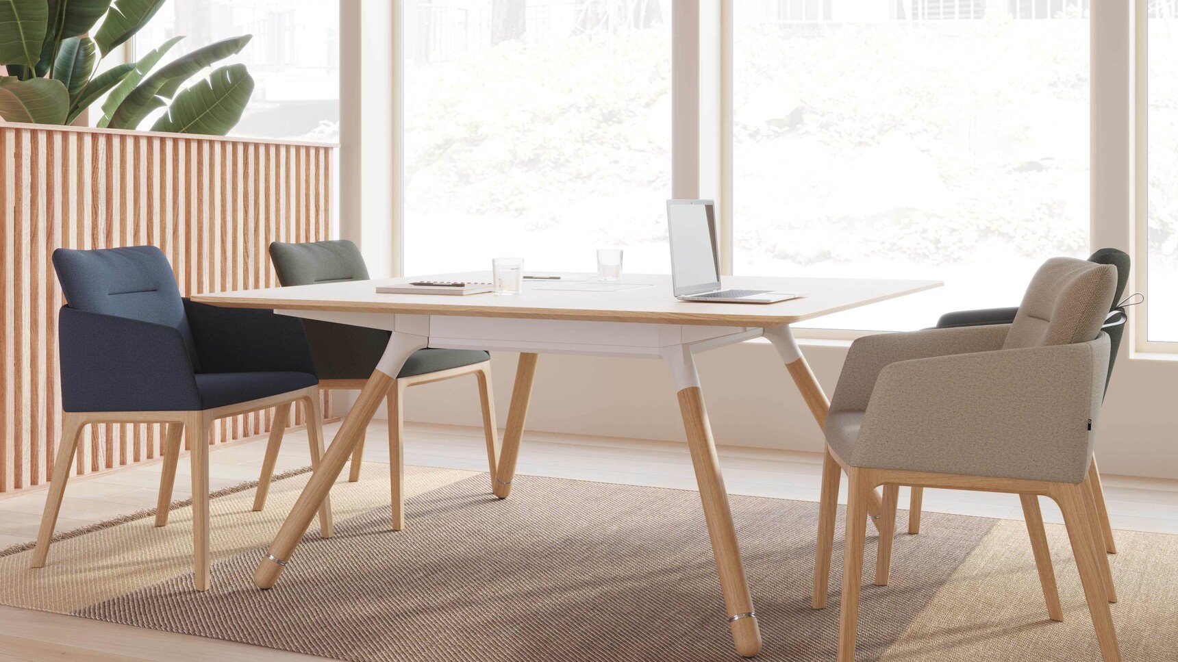 Coalesse Marien152 Guest Chairs With Wood Bases At Table Detail Image