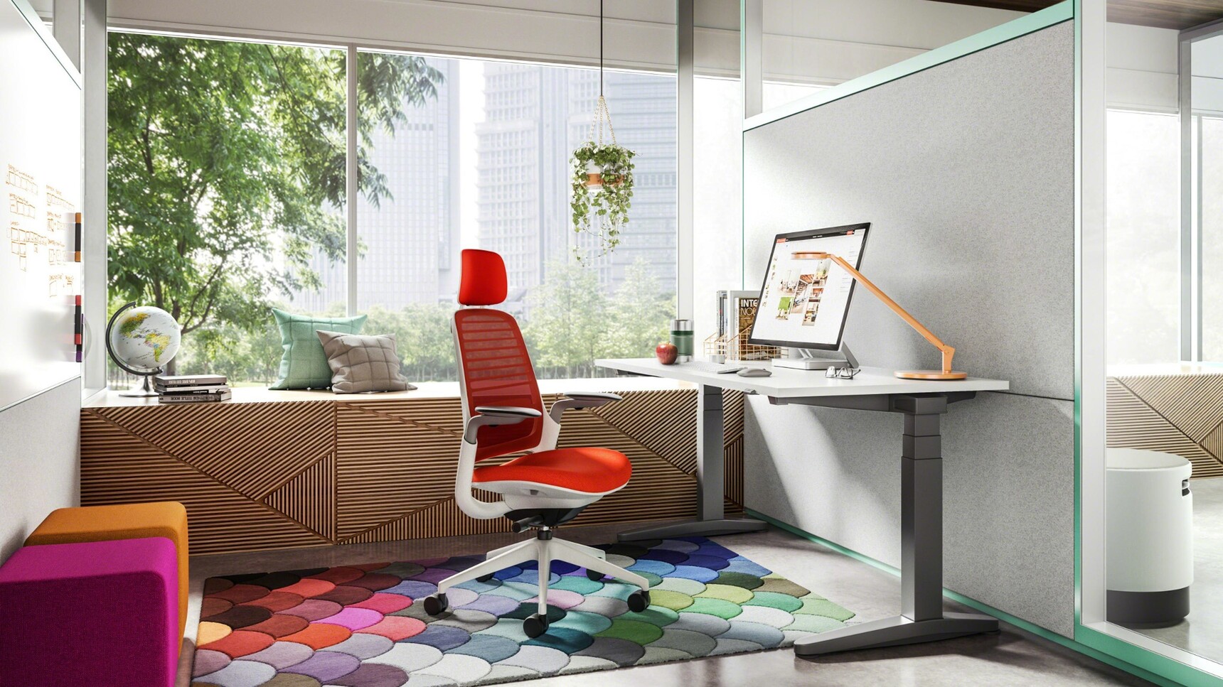 Steelcase Dash Mini Arm LED Light In Orange Finish On Desk In Office Setting