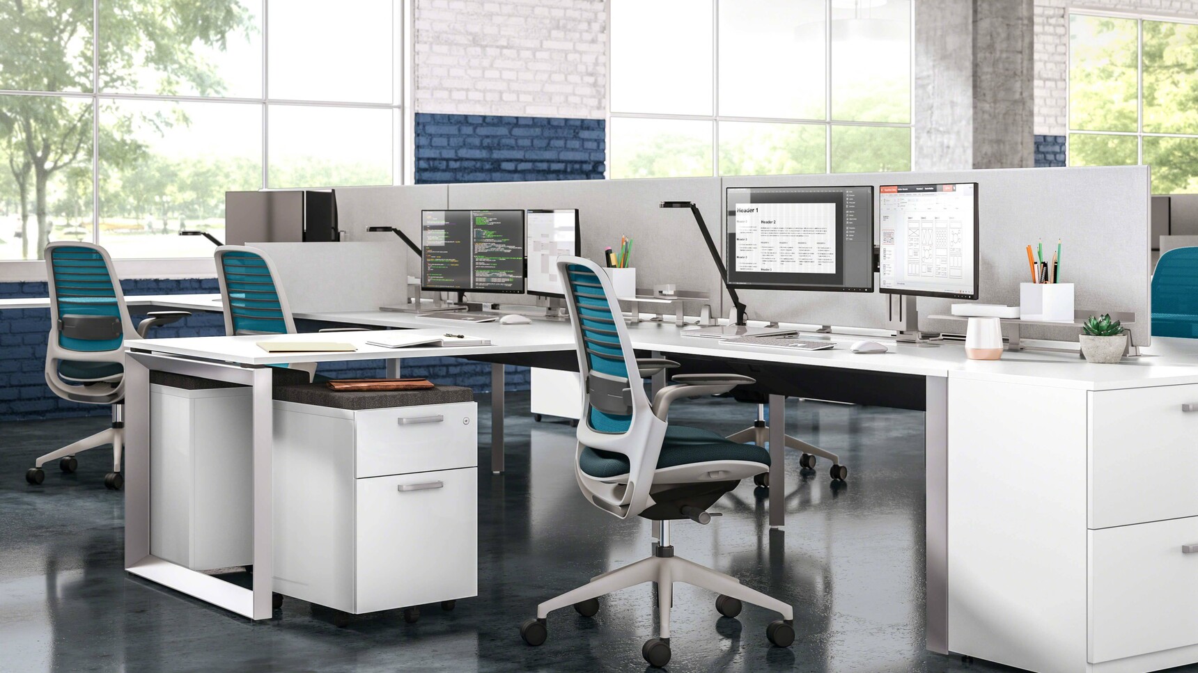 Three Steelcase Dash Mini Arm LED Lights With Black Finish In Office Setting