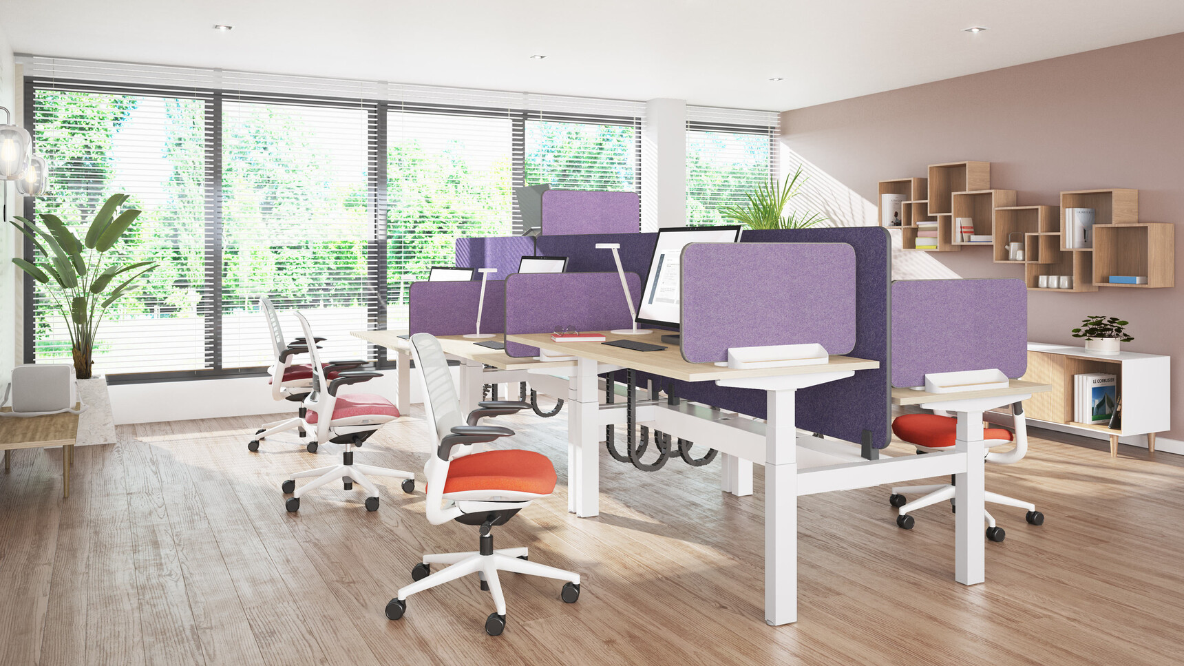 Two Dash Mini Arm LED Light With White Upholstery On Ology Height Adjustable Desks In Office Environment
