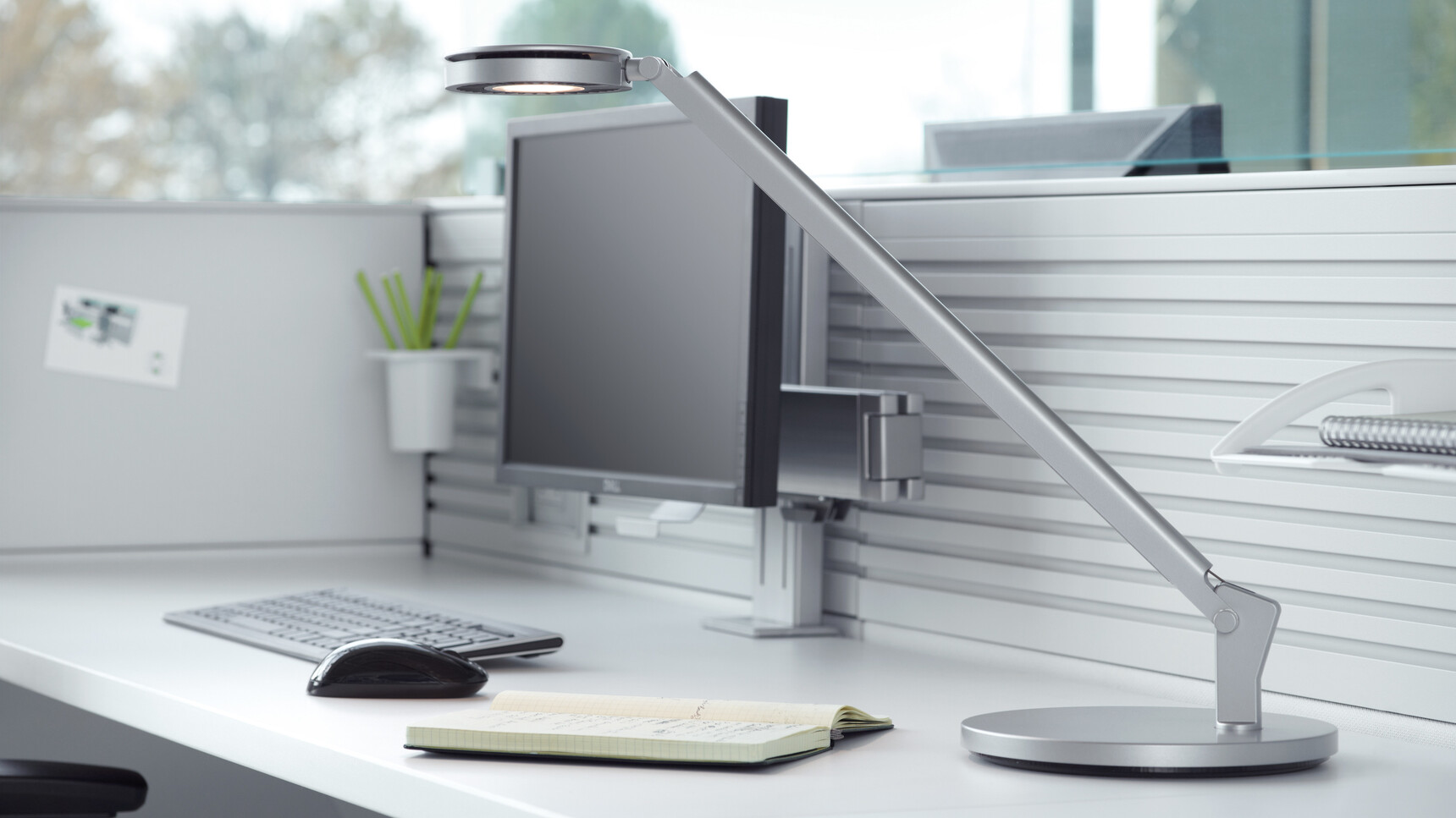 Steelcase Dash Mini Arm LED Light In Grey Finish On Table Detail Image