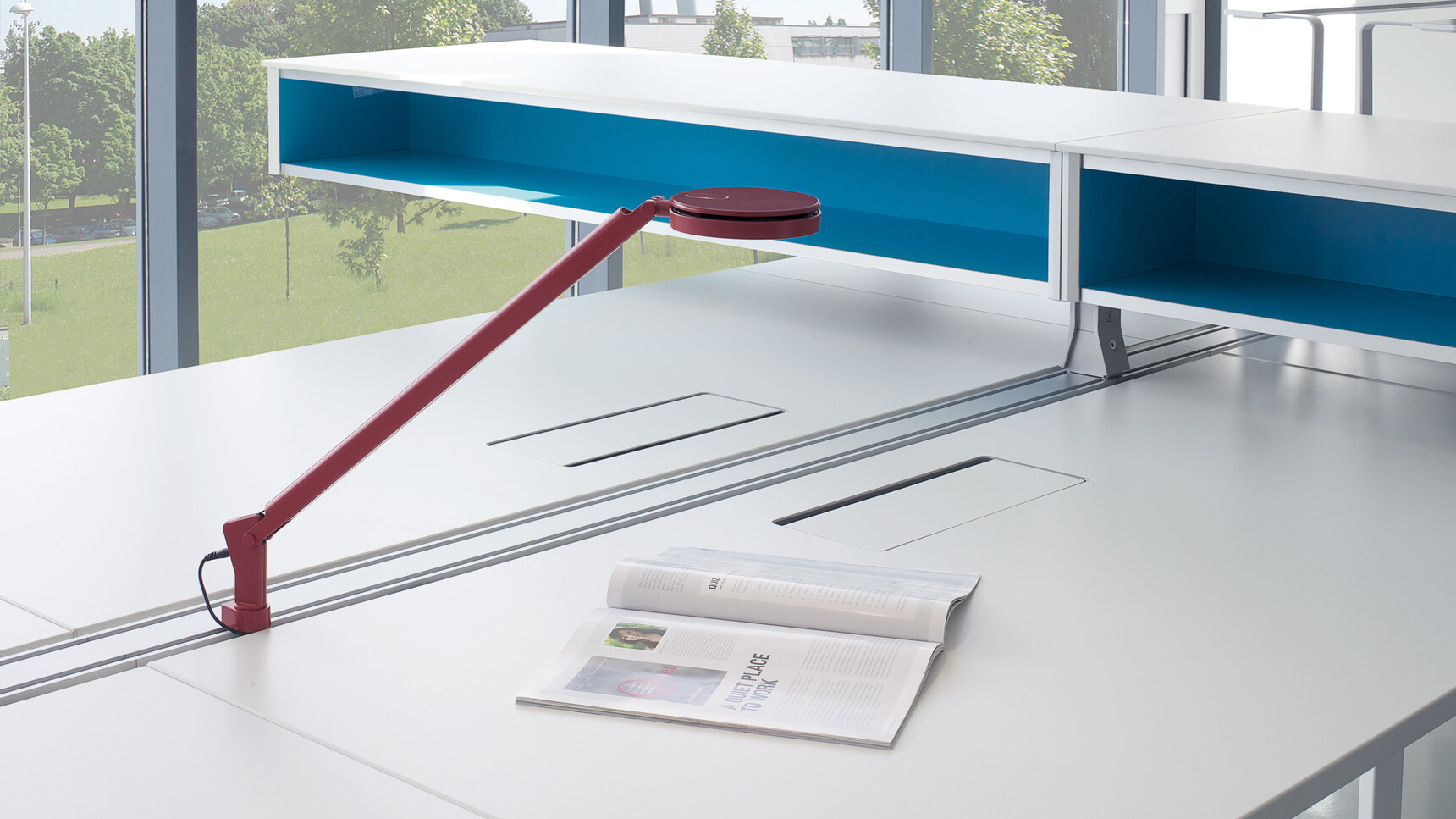 Steelcase Dash Mini Arm LED Light With Purple Finish On Table Detail Image