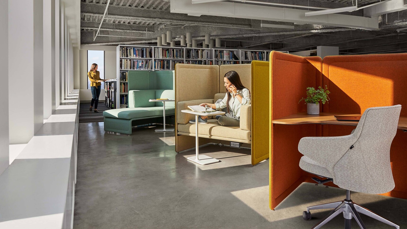 Two Coalesse Lagunitas Personal Tables In White Finish At Lagunitas Lounge Systems In Different Upholstery In Office Setting