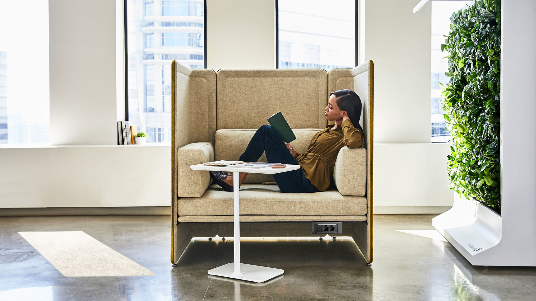 Coalesse Lagunitas Personal Tables In White Finish At Lagunitas Lounge System In Office Setting