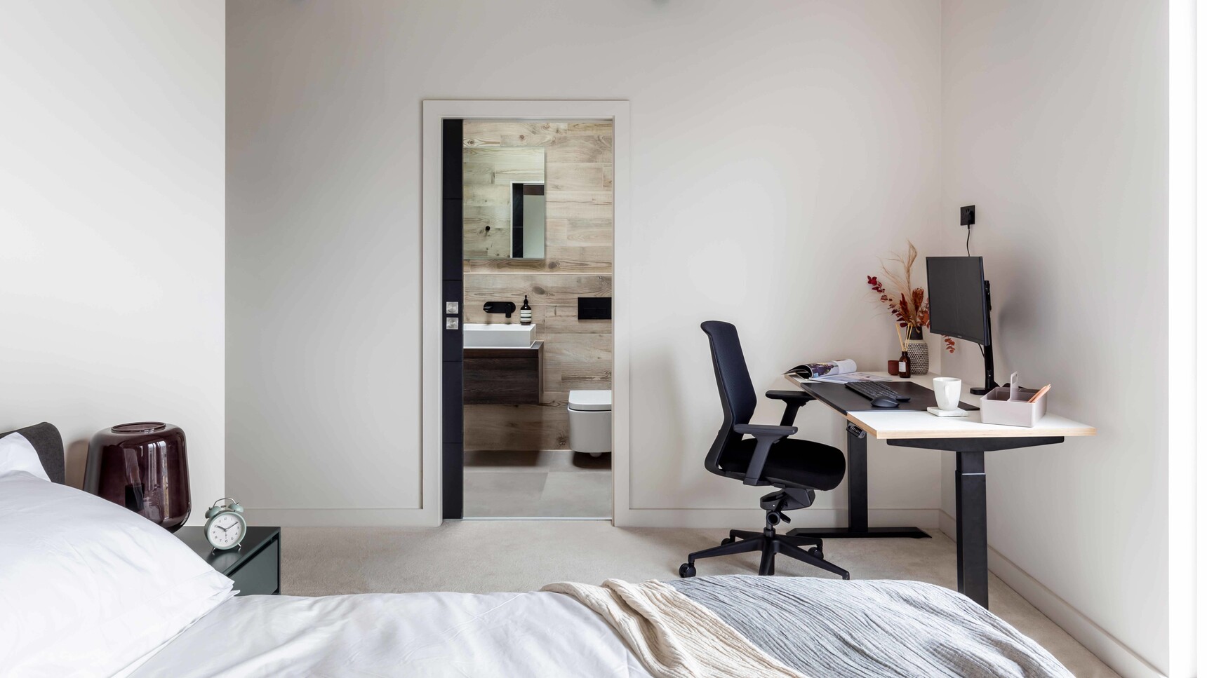 Workstories Sit-Stand Solo Height Adjustable Desk With Ply Edge And White Top In Bedroom Family Image