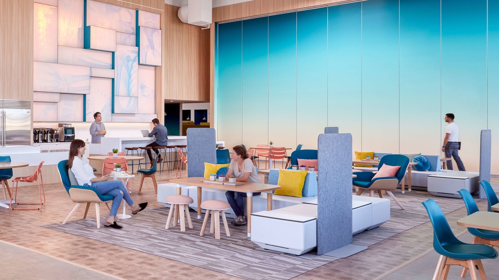 Buzzi Space BuzziFree Free Standing Acoustic Screens With Blue Fabric With BuzziMilks In Office Setting Family Image
